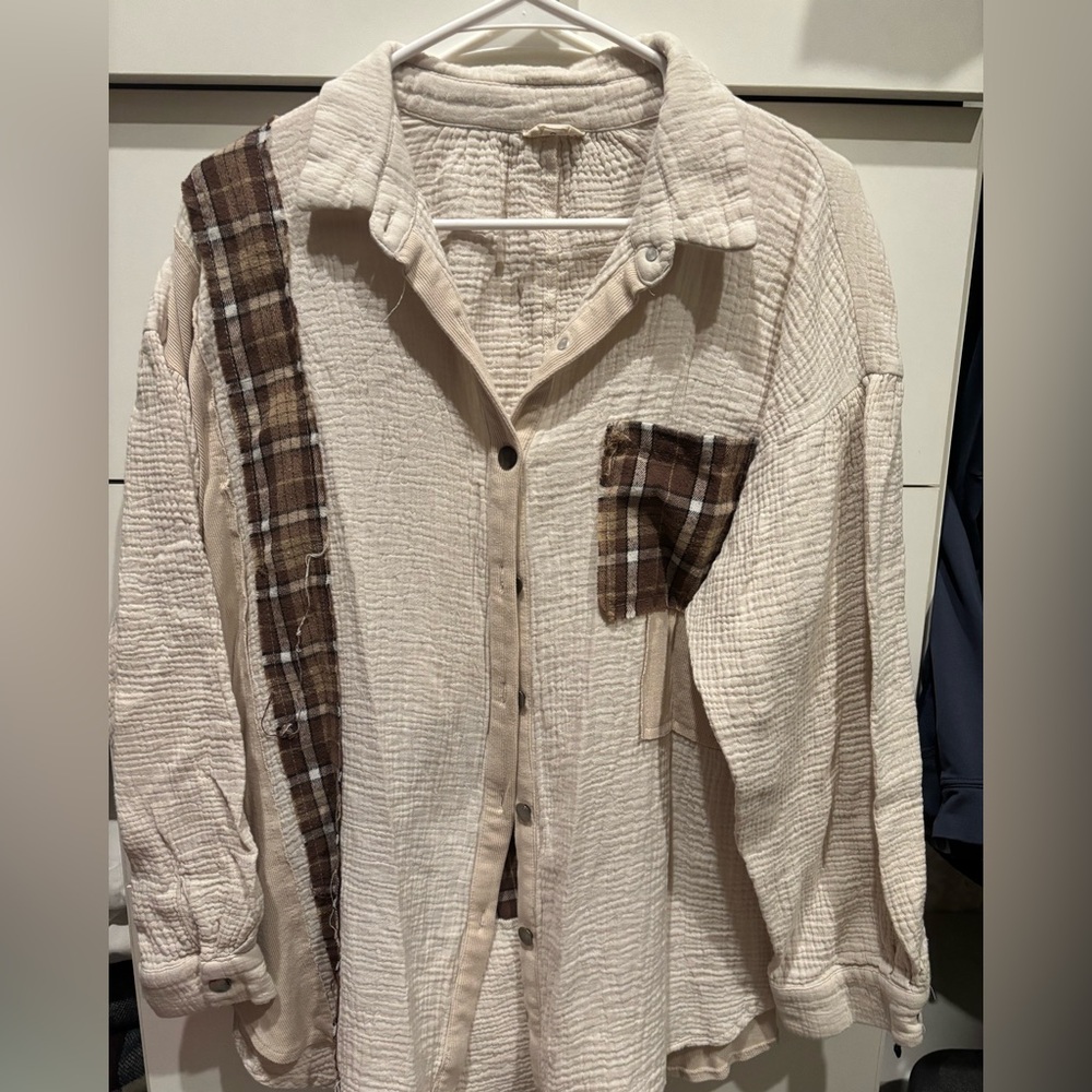 POL Cream Shirt with Brown Plaid Accents